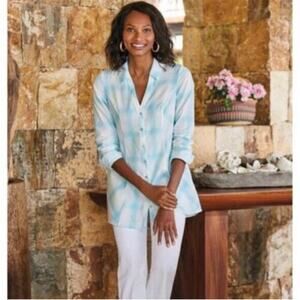 Soft Surroundings Lightweight Long Line Plaid Button Down Shirt Size XS